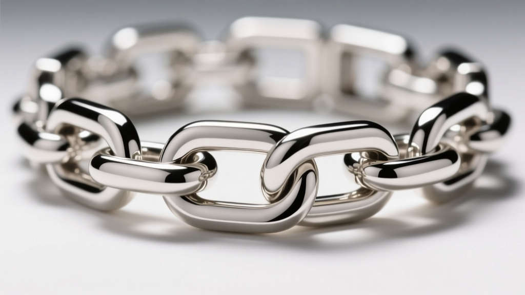 Close-up macro shot of Argentium silver box chain links showing high polish and anti-tarnish finish under bright studio lighting.