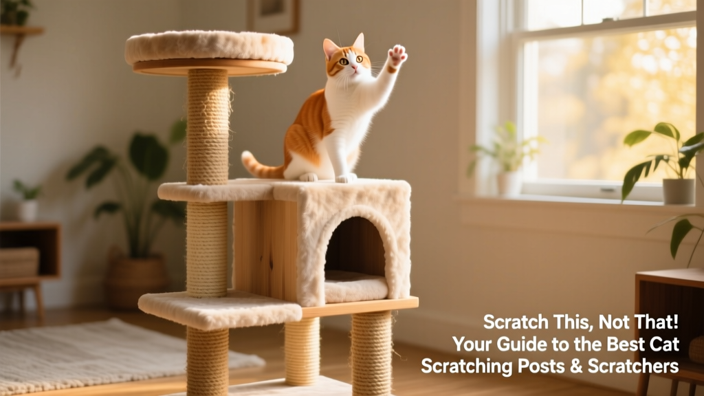 Multi-level FurPetVo cat tree with sisal posts, plush platforms, and a curious cat exploring the top perch