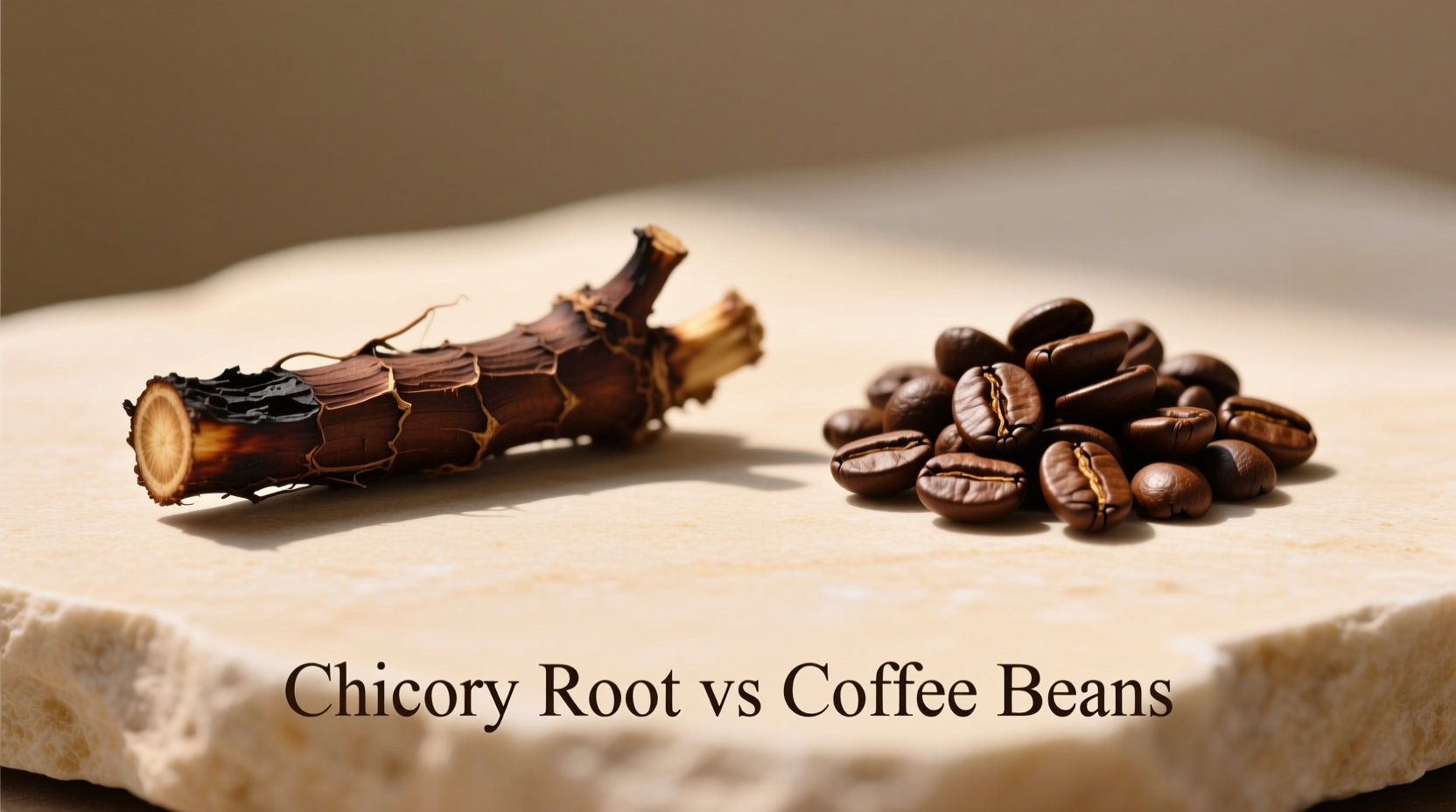 Roasted chicory root next to coffee beans for visual comparison