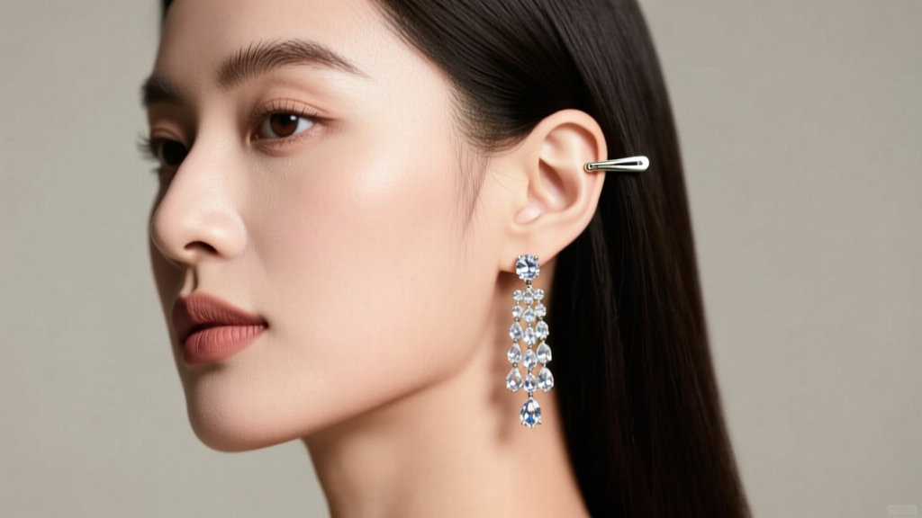 Profile of a woman wearing a crystal drop paddle back clip earring, showing ideal placement on the fleshy center of her earlobe