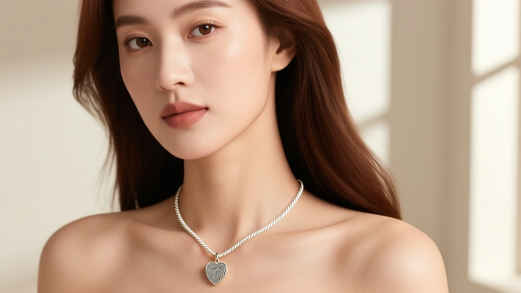 Woman wearing a delicate 1.2mm white gold cable chain with a small fingerprint heart pendant resting perfectly at her collarbone