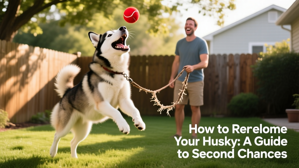 A happy husky playing fetch in a fenced backyard with a new owner laughing nearby