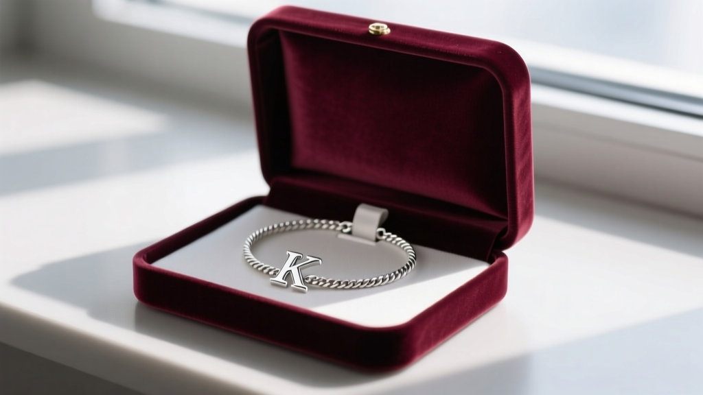 Open velvet jewelry box with an anti-tarnish strip and a neatly coiled sterling silver initial K necklace on a cable chain.