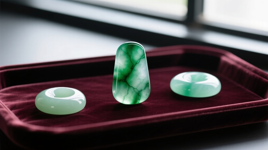Velvet tray displaying three jade cabochons of varying quality, ranging from opaque pale green to highly translucent imperial jade.