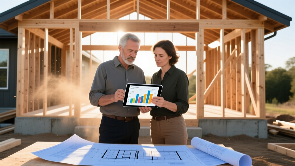 Architect and homeowner reviewing construction cost spreadsheets and blueprints on a tablet at a wood-framed house site