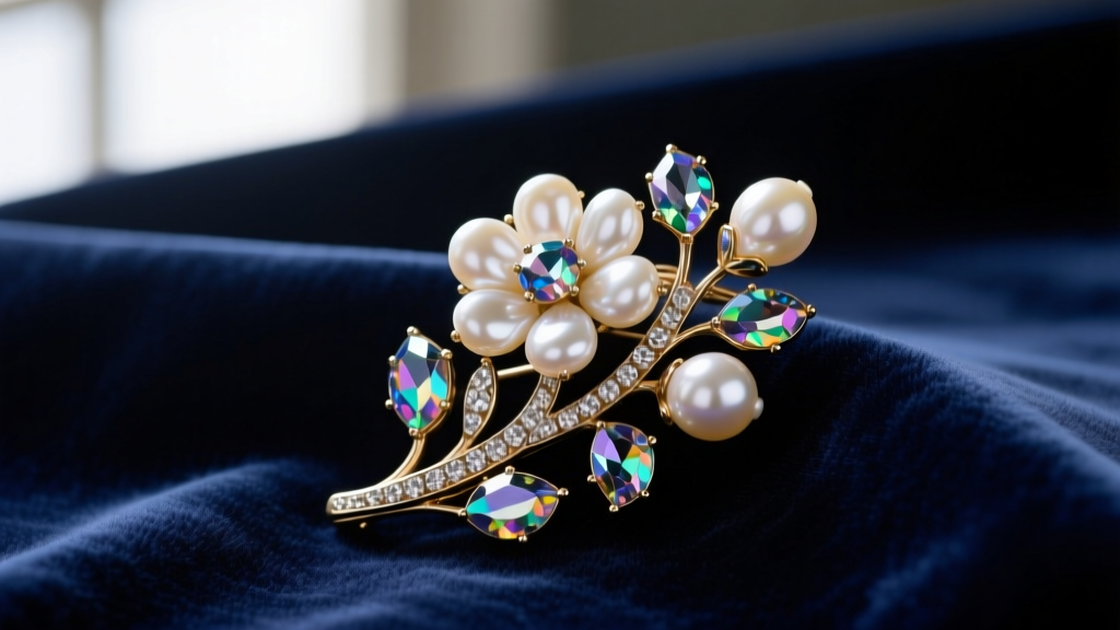 Macro photograph of a vintage 1950s Miriam Haskell baroque pearl and rhinestone floral brooch resting on dark navy velvet fabric.