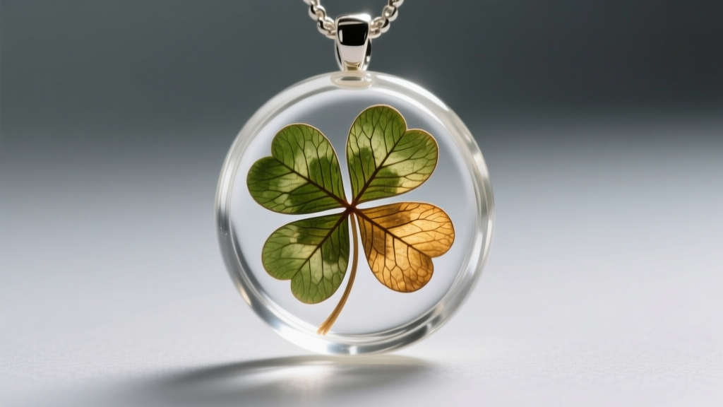 Macro view of natural vein patterns and asymmetry of a real dried four-leaf clover sealed inside a clear glass jewelry pendant.