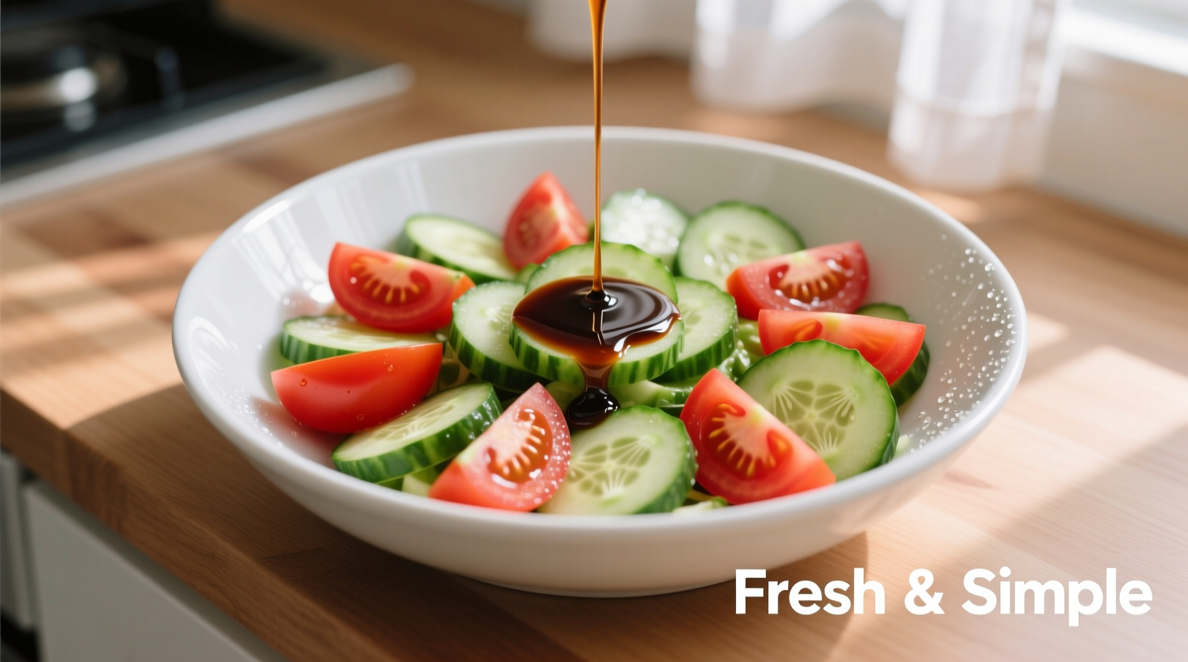 Fresh cucumber tomato salad with balsamic dressing in white bowl