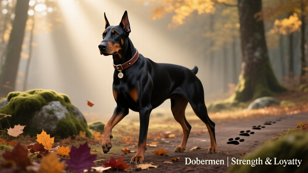 Adult Doberman Pinscher full body portrait in forest clearing on cloudy autumn day