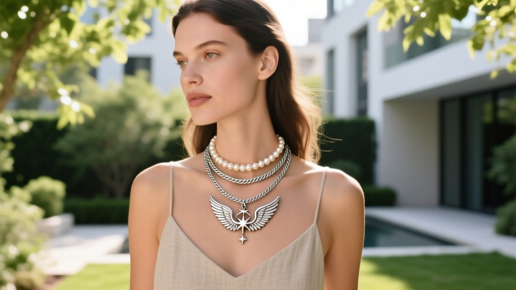 Model wearing a three-tier layered necklace stack with an archangel pendant, pearl choker, and delicate rope chain, shot outdoors