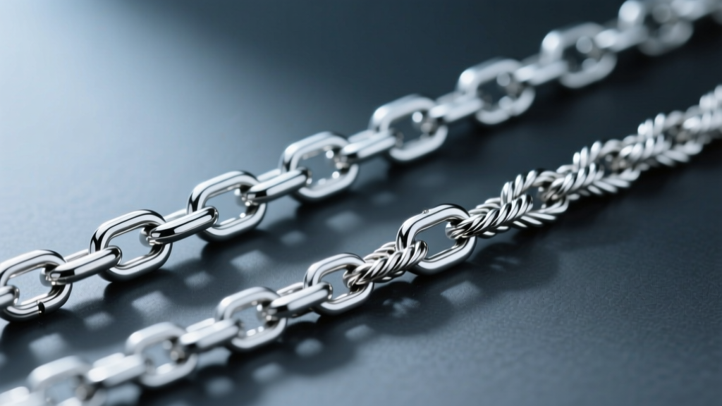 Close-up of a 1.5mm cable chain and 2.0mm figaro chain weave, showing interlocking soldered links against a dark slate background