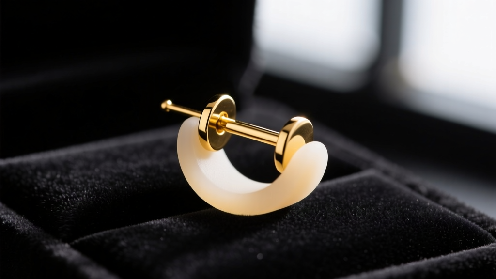 Macro shot of an 18-gauge gold earring post with a wide silicone support disc, resting on a dark velvet jewelry display pad.