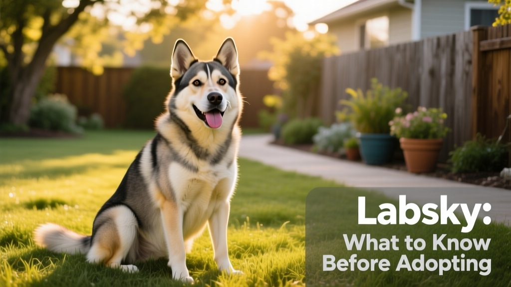 A happy, muscular Labsky sitting outdoors with a relaxed, friendly expression