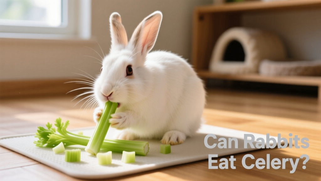 A rabbit happily nibbling small, bite-sized pieces of celery on a clean feeding mat