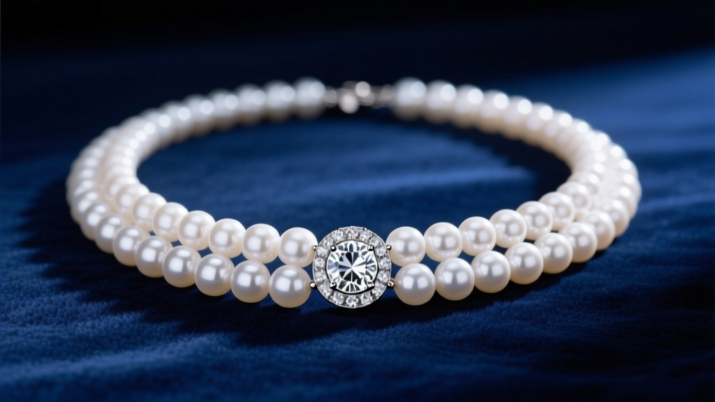 Elegant three-strand white Akoya pearl necklace with a diamond rondelle clasp resting on dark blue velvet, soft studio lighting
