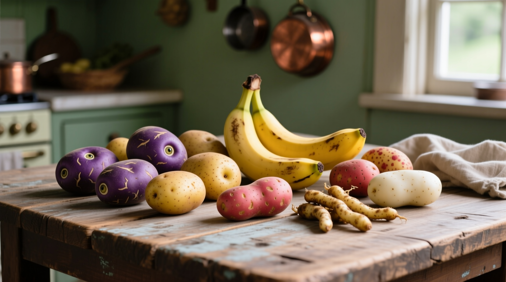 Potato varieties on wooden table