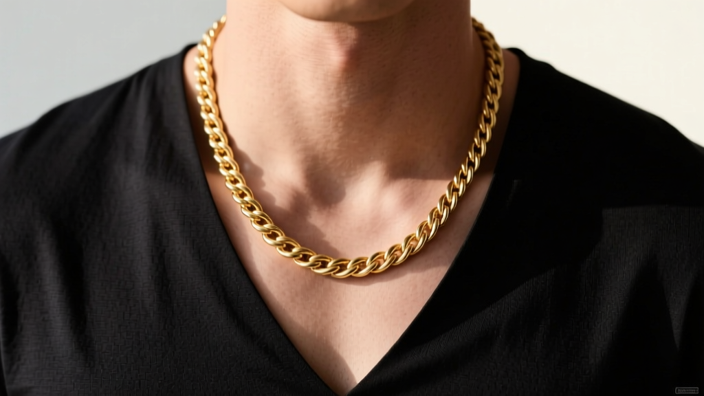 Man wearing a 5mm 14k gold rope chain over a dark shirt, showing the ideal 22-inch length and natural drape across the chest