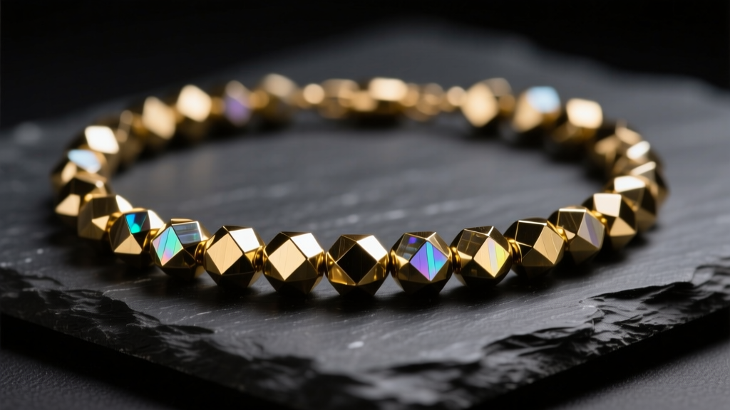 Close-up of an 8mm pyrite bead necklace on dark slate, showing metallic gold luster and geometric facets under soft studio light.