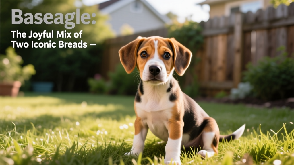 A playful Baseagle puppy sitting on grass, showing its alert expression and distinctive wrinkled forehead