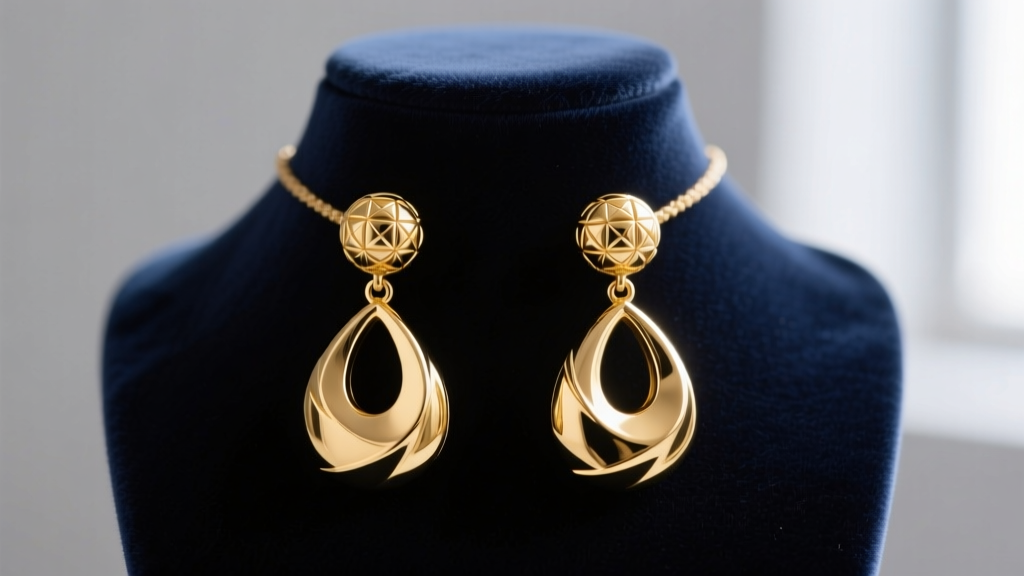 Close-up of 14k solid gold Vegito Potara replica earrings on a velvet display bust, highlighting spherical and teardrop shapes.