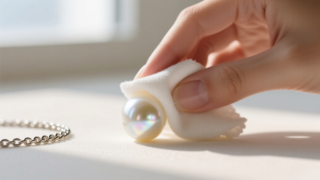 Hands gently wiping an irregular white pearl with a damp microfiber cloth, avoiding the metal chain, under warm natural lighting.