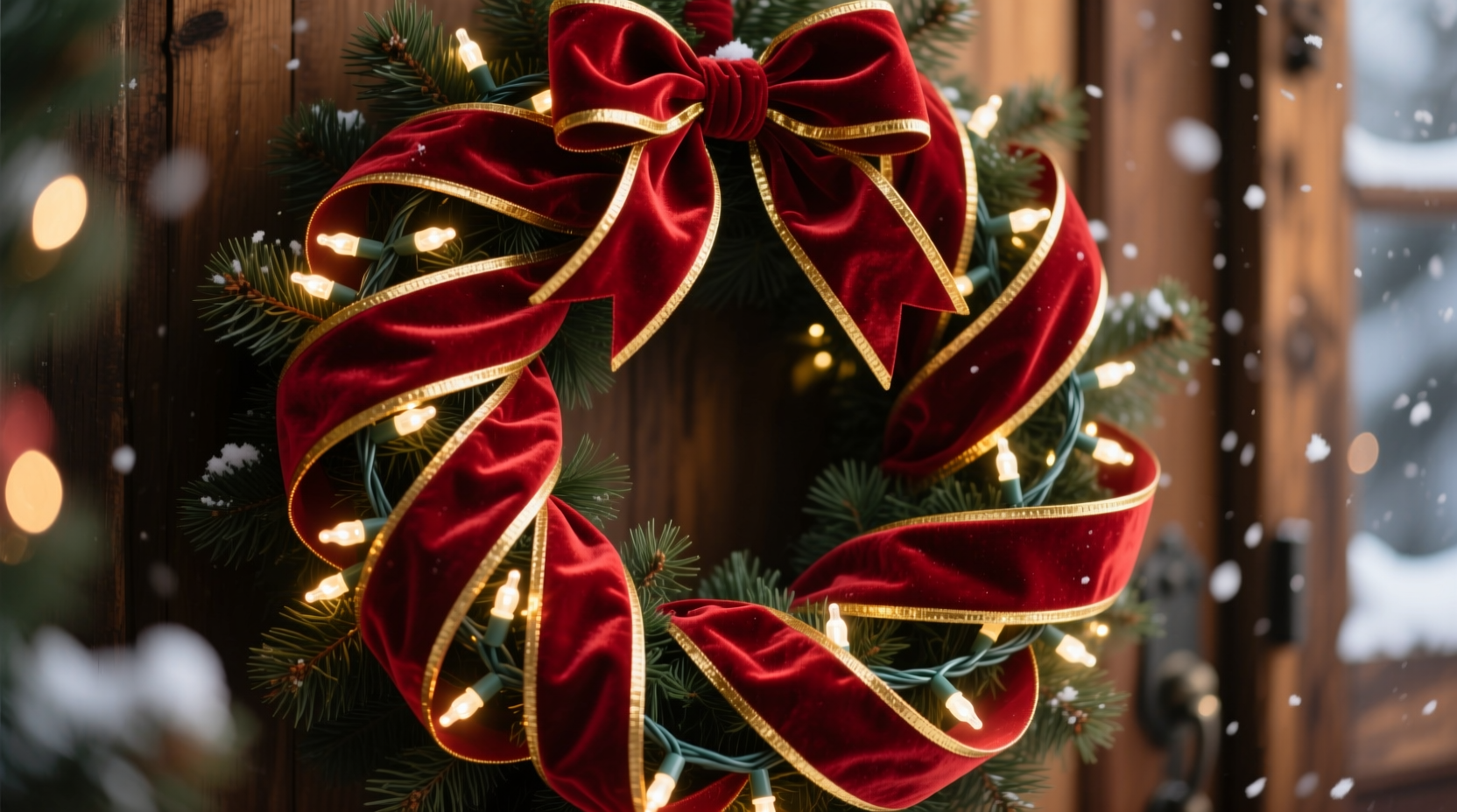 how to layer christmas ribbon and lights on a wreath for maximum impact