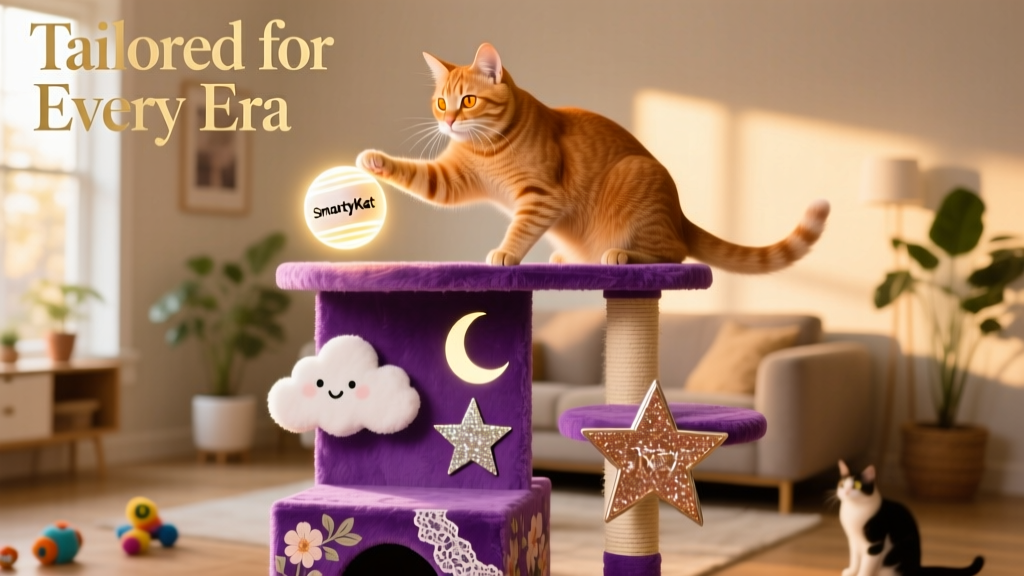 A ginger cat perched atop the purple Frisco Star, Moon and Cloud cat tree, batting at a glowing SmartyKat Flicker Ball