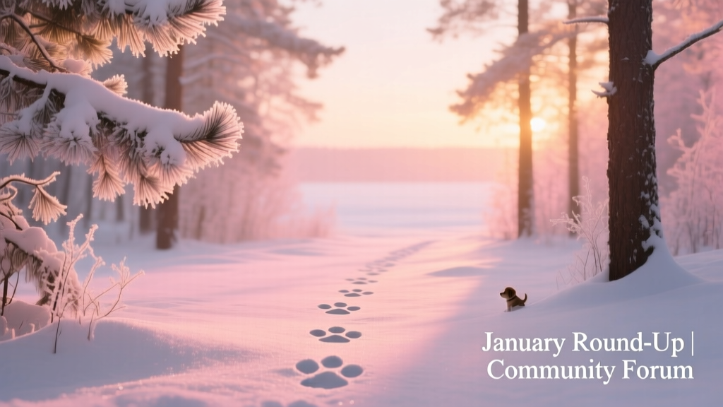 A serene winter landscape at dawn: soft pink and gold light over snow-covered pine trees, with a single set of paw prints leading toward the horizon
