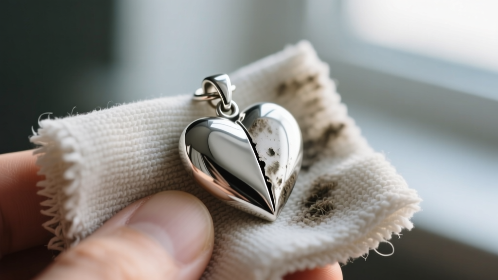 Close-up of a microfiber cloth polishing a tarnished sterling silver heart charm, revealing a bright restored finish on one half