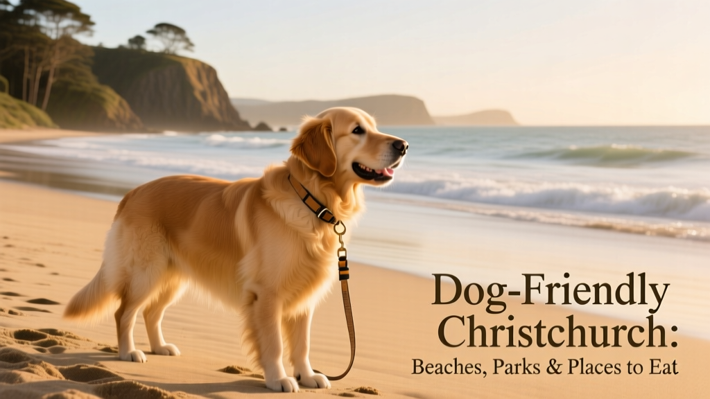 A dog stands on the sand at Sumner Beach, gazing out toward the ocean