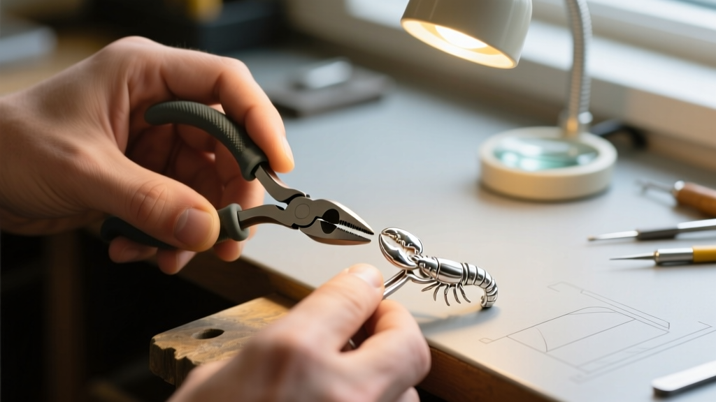 Close-up of a jeweler using nylon-jaw pliers to gently realign the bent trigger of a sterling silver lobster clasp on a workbench.