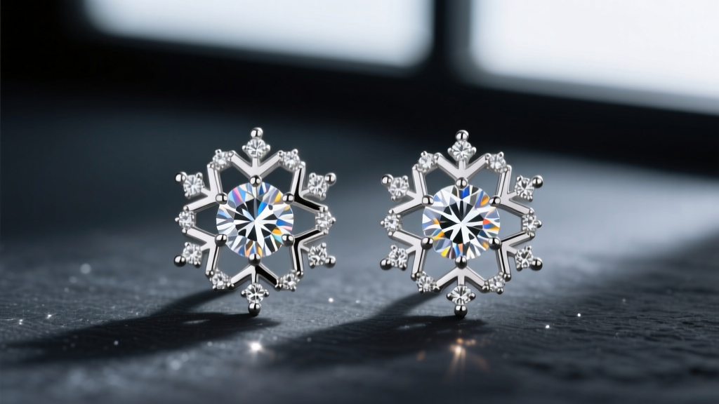 Macro photography of platinum snowflake stud earrings with crushed ice moissanite centers and pavé diamond halos on dark slate.