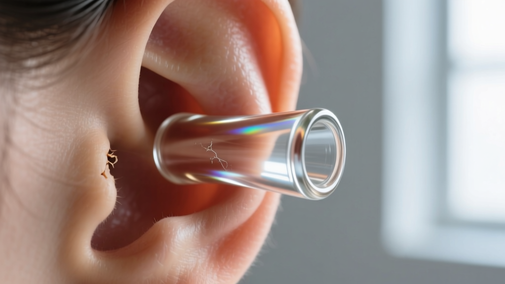 Macro photo of a polished glass ear spacer tunnel in a healed stretched lobe against a soft neutral grey studio background.