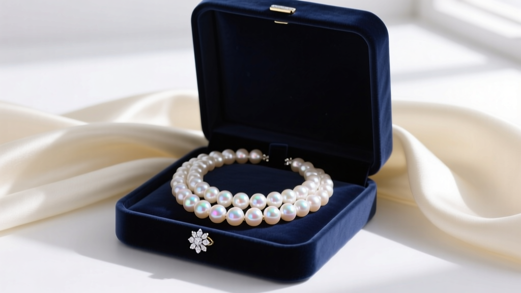 Open navy velvet box revealing a luminous double strand Akoya pearl necklace with a diamond clasp resting on draped cream silk.