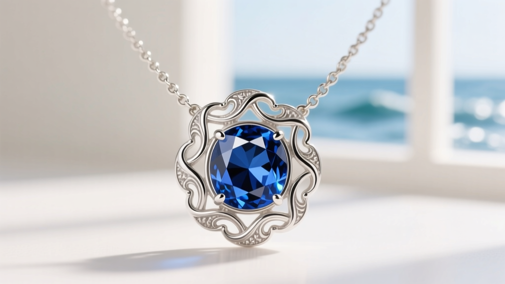 Close-up of a heart of the ocean necklace replica with a lab-grown blue sapphire in a rhodium-plated sterling silver halo.