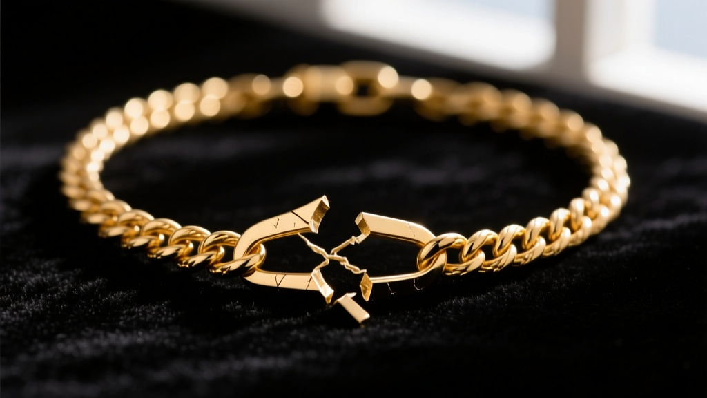 Macro shot of a broken 14k gold rope chain necklace on dark velvet, showing frayed links and separated joints under warm light.