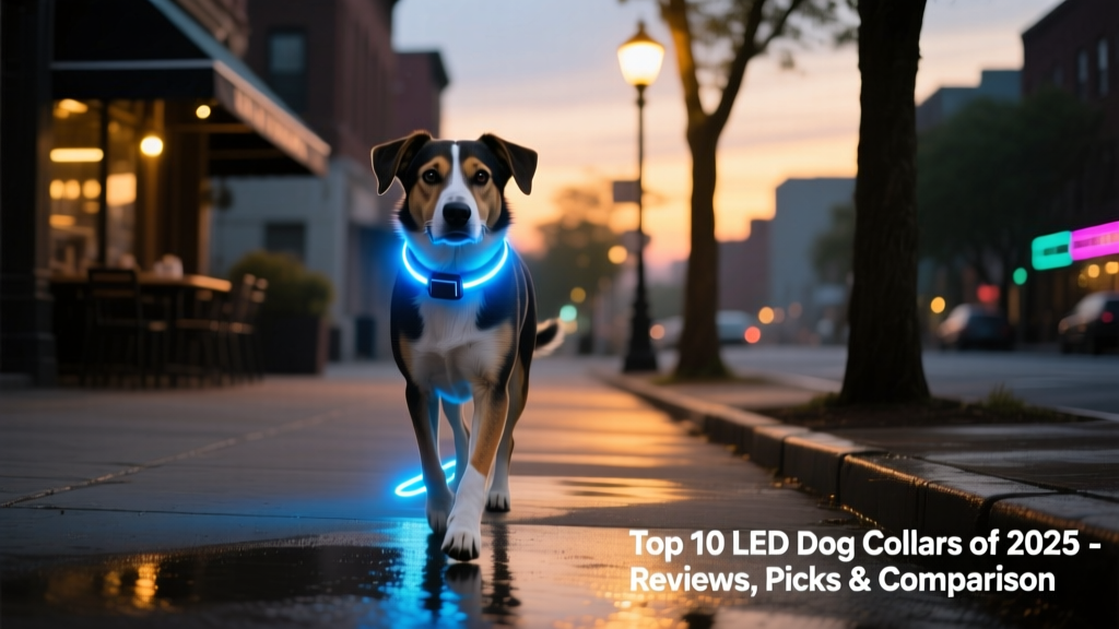 A dog wearing a bright blue LED collar walking confidently on a dimly lit sidewalk at dusk