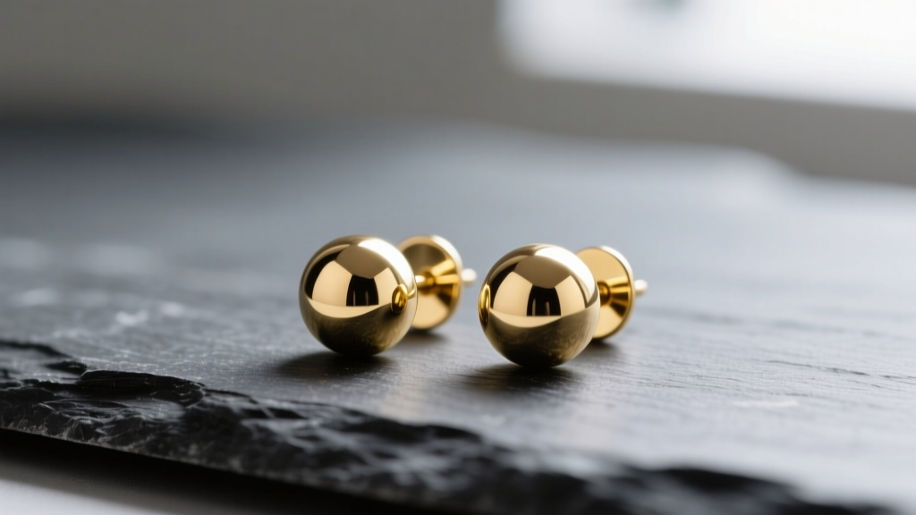 Macro shot of 4mm 14k solid yellow gold ball stud earrings on dark slate, soft lighting highlighting polished metal luster.