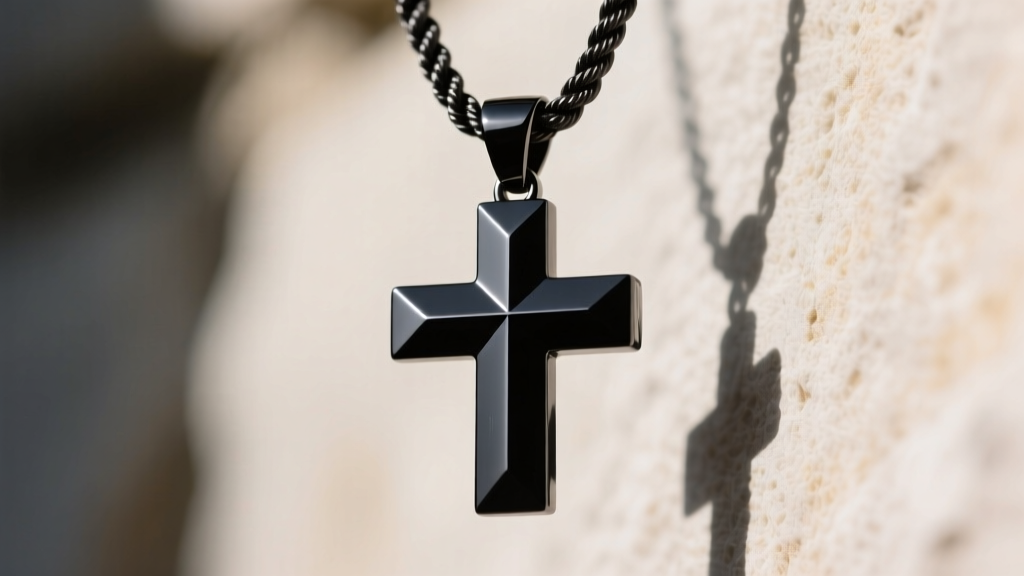 Close-up of a matte black tungsten carbide cross pendant on a heavy rope chain, showcasing its scratch-resistant polished surface.