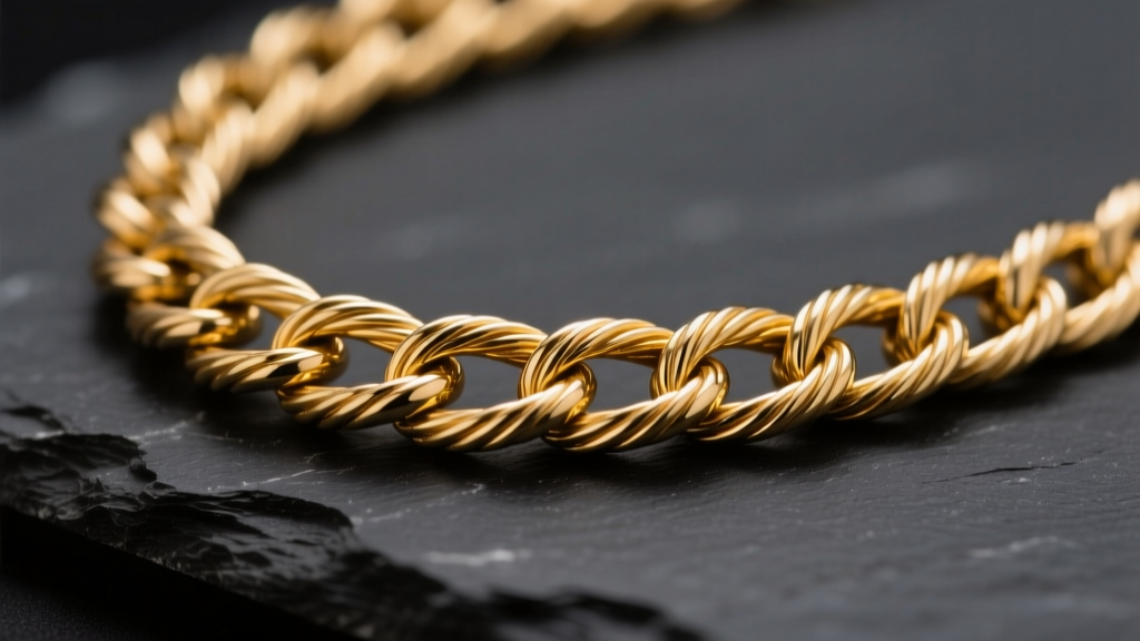 Macro photo of an 18-gauge brass necklace chain on dark slate, highlighting warm golden-yellow luster and cable links.