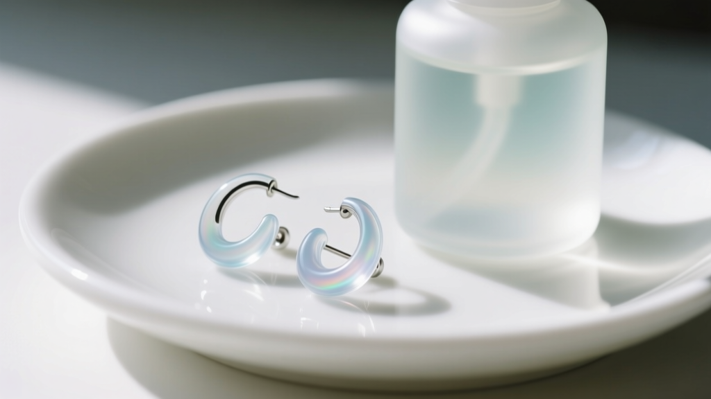 Close-up of translucent medical-grade silicone earring hooks resting on a white ceramic dish next to a mild liquid soap bottle.
