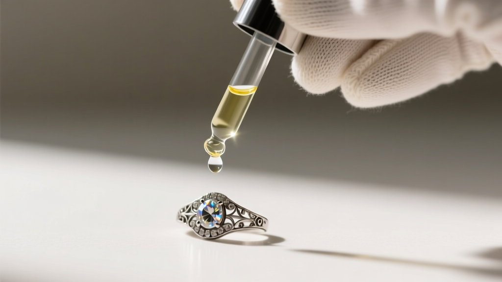 Hands in cotton gloves applying a single drop of mineral oil to a stuck silver jewelry clasp using a small glass precision dropper.