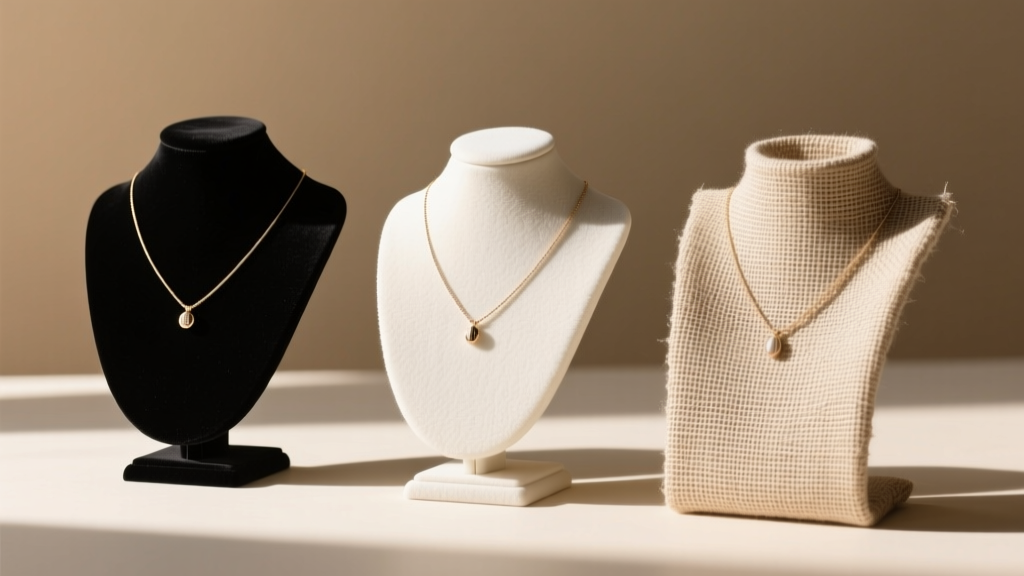 Three display necklace stands side-by-side in black velvet, white suede, and natural linen, highlighting distinct fabric weaves.