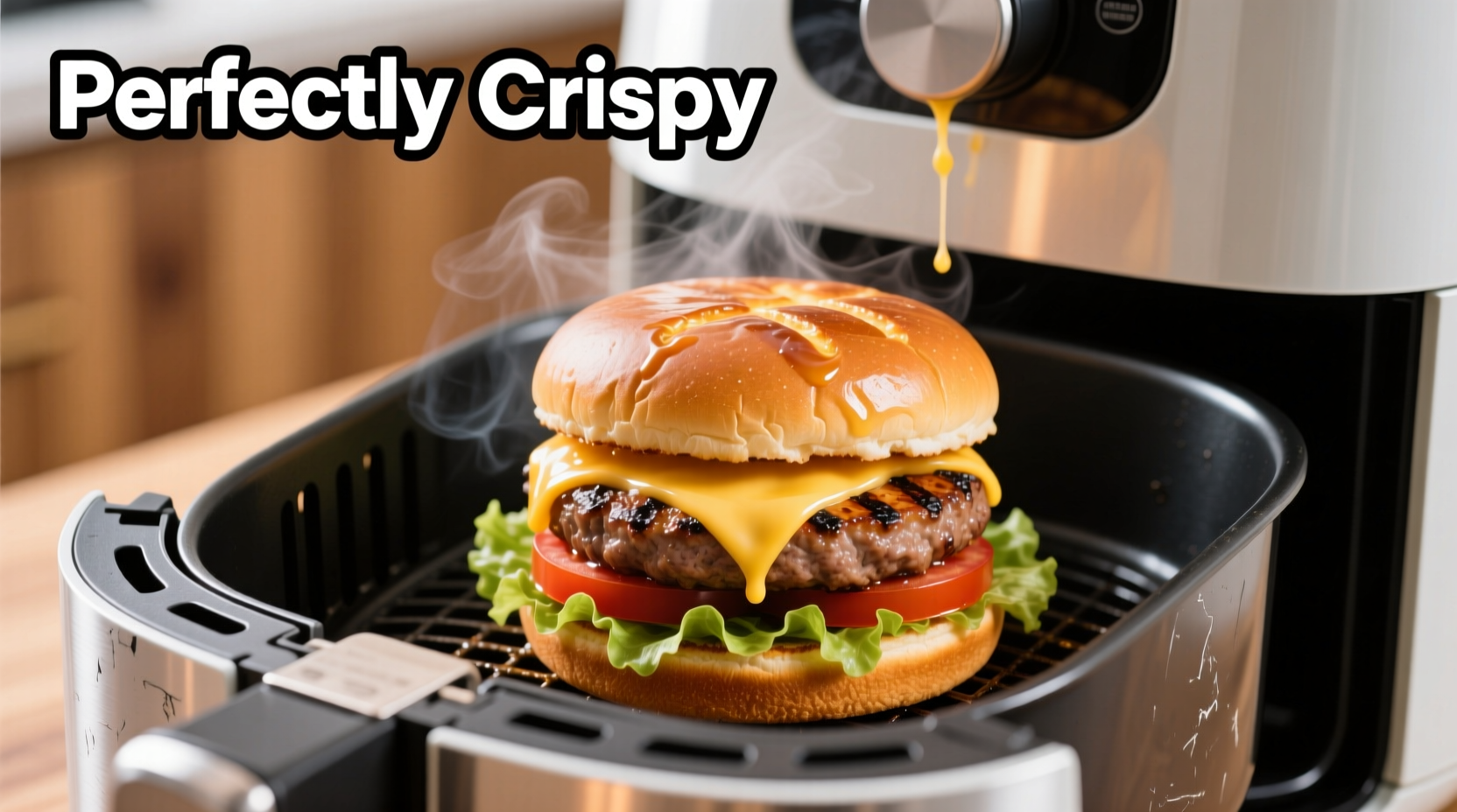 Juicy hamburger cooking in air fryer basket
