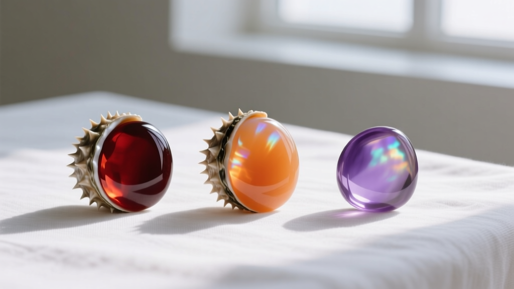 Three polished spiny oyster cabochons showing deep red, bright orange, and rare purple hues side-by-side on a white linen cloth