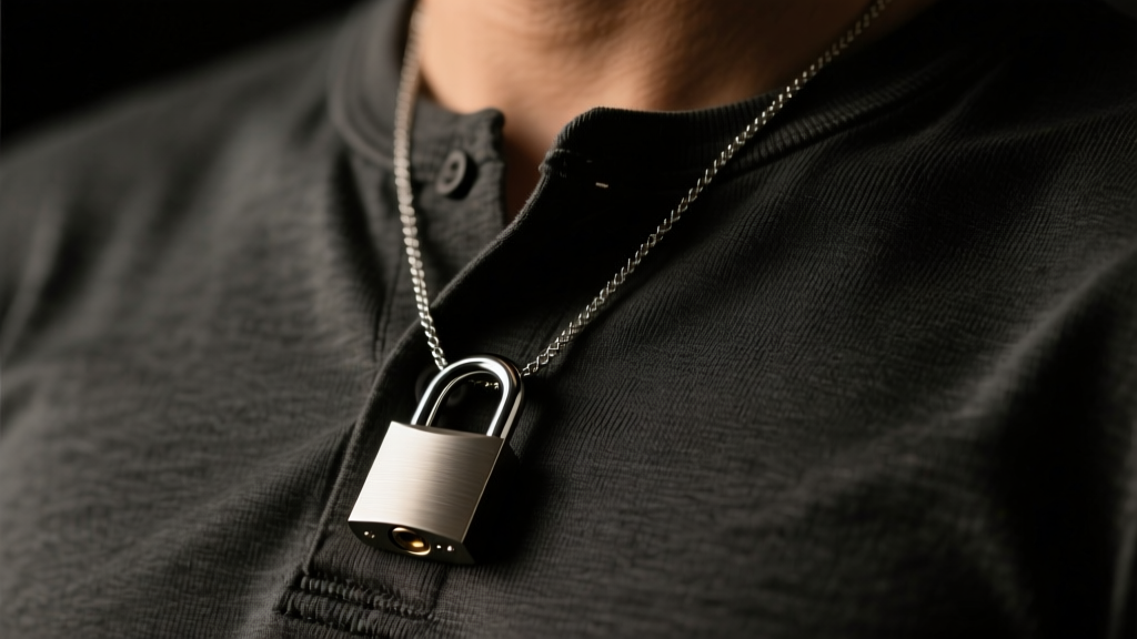 Close-up of a mens padlock necklace in brushed stainless steel resting on a dark charcoal henley shirt under moody studio lighting.