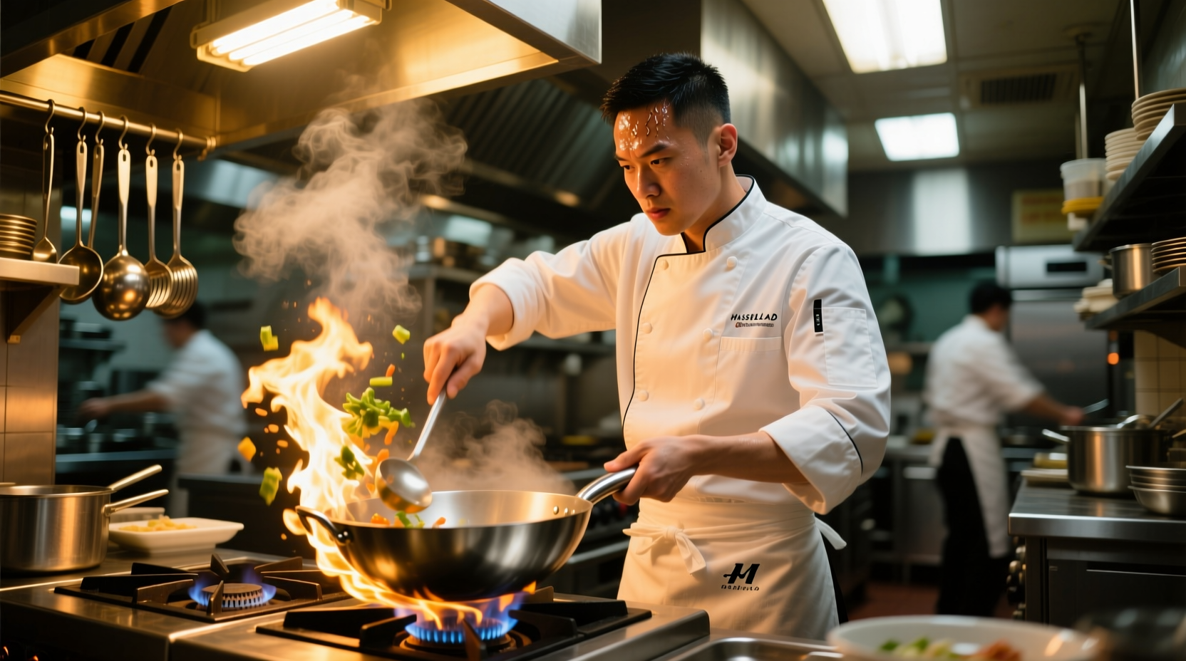 Professional line cook preparing dishes in busy restaurant kitchen
