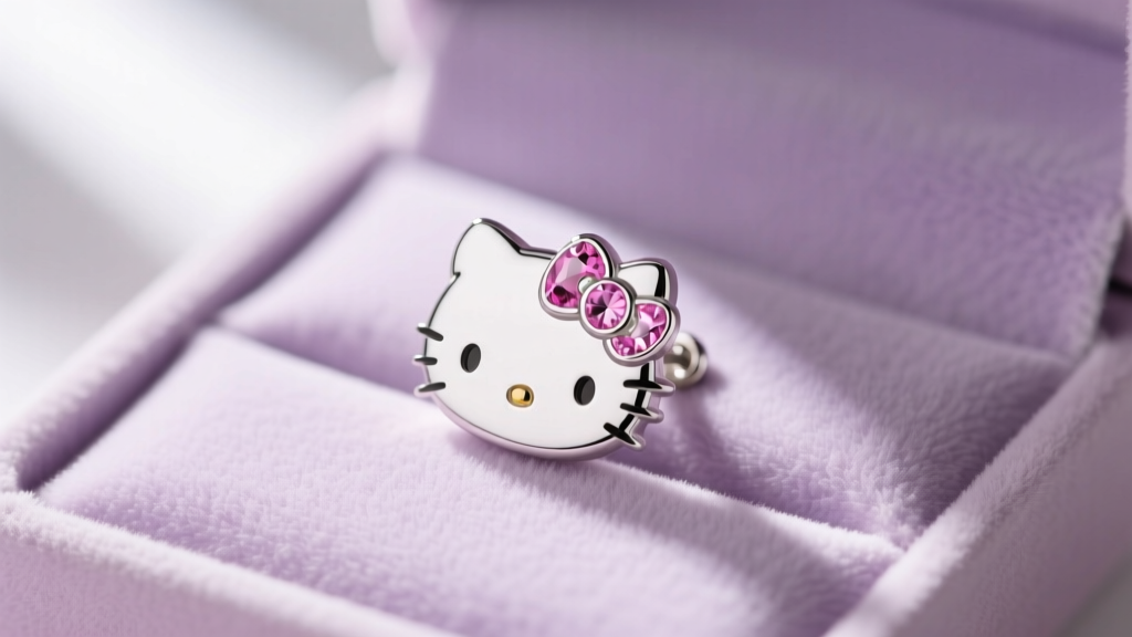 Close-up of a 925 sterling silver Hello Kitty stud earring with pink cubic zirconia bow, resting on pastel velvet gift box lining.