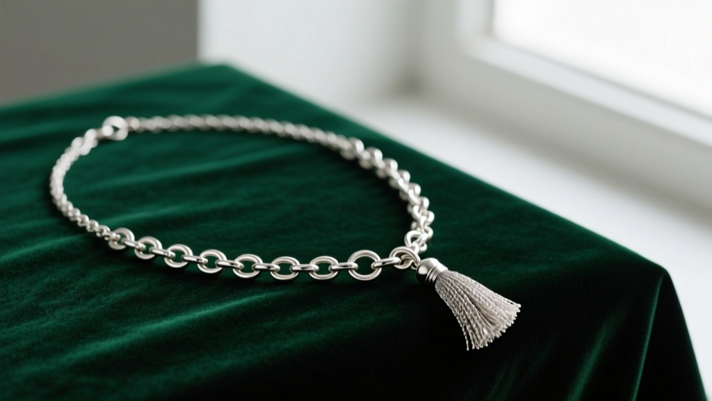 Vintage sterling silver Links of London tassel necklace resting on dark emerald velvet, soft lighting highlighting the chain links