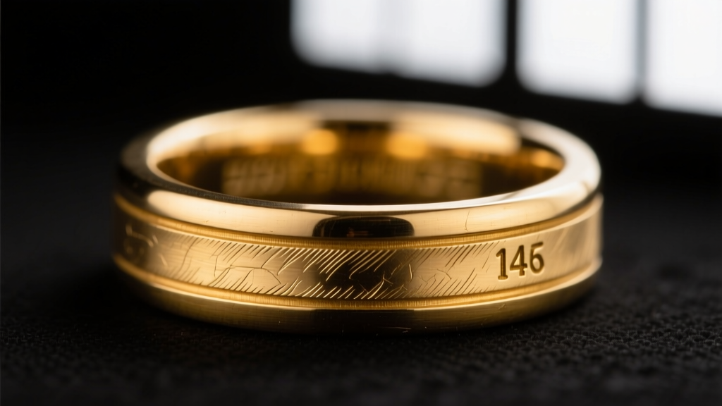 Close-up of a vintage 14k gold die-struck ring shank showing microscopic file marks and a slightly blurred factory hallmark stamp.